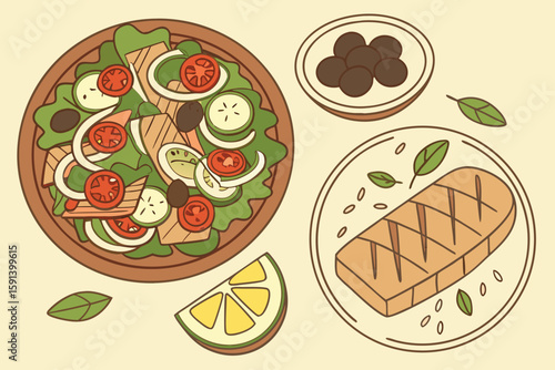 Illustration of a salad with vegetables, meat, olives, and a lemon slice next to a steak dish