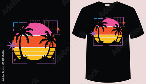 T shirt design palm trees silhouette against a retro sunset Black  background