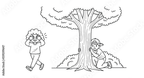Playful Hide and Seek: Two children engaged in a classic game of hide-and-seek, one covering his eyes as the other finds a clever hiding spot near a large tree.