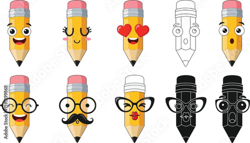 Cute pencil cartoon vector illustration with different expressions and emotions for back to school concept