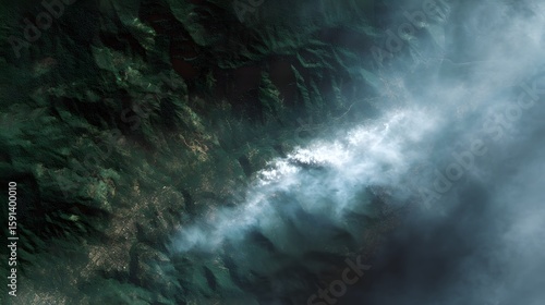Fototapeta Naklejka Na Ścianę i Meble -  Aerial view of dense forest with deforestation and haze