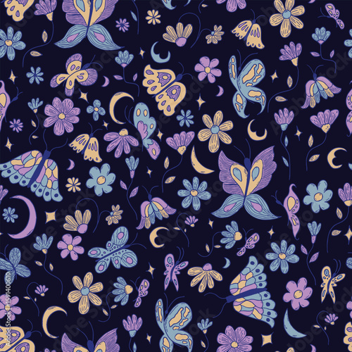 This enchanting pattern features a whimsical nighttime scene where moths and butterflies flutter among dreamy florals and crescent moons. 