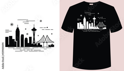 T shirt design seattle skyline silhouette design on a black tshirt isolated on white background