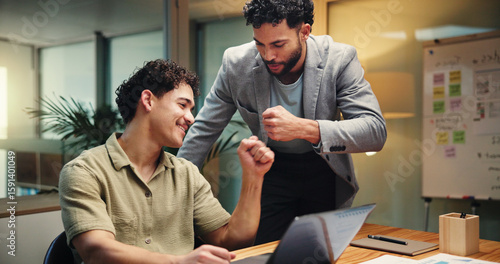 Obraz na płótnie Happy, businessmen or night with fist bump or laptop for project deadline or success in office