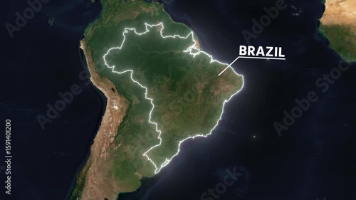 Zoom from Earth to Brazil. Glow outline map animation satellite view with highlighted country borders. Cinematic documentary 3d world map animation highlights aerial views, tourism, and travel. 4k
