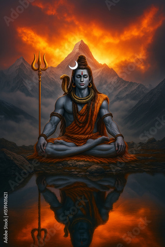 Lord Shiva Meditating in the Himalayas – Spiritual Divine Artwork.
 Lord Shiva meditating peacefully in the Himalayas. Adorned with his iconic crescent moon, snake, and trident, 