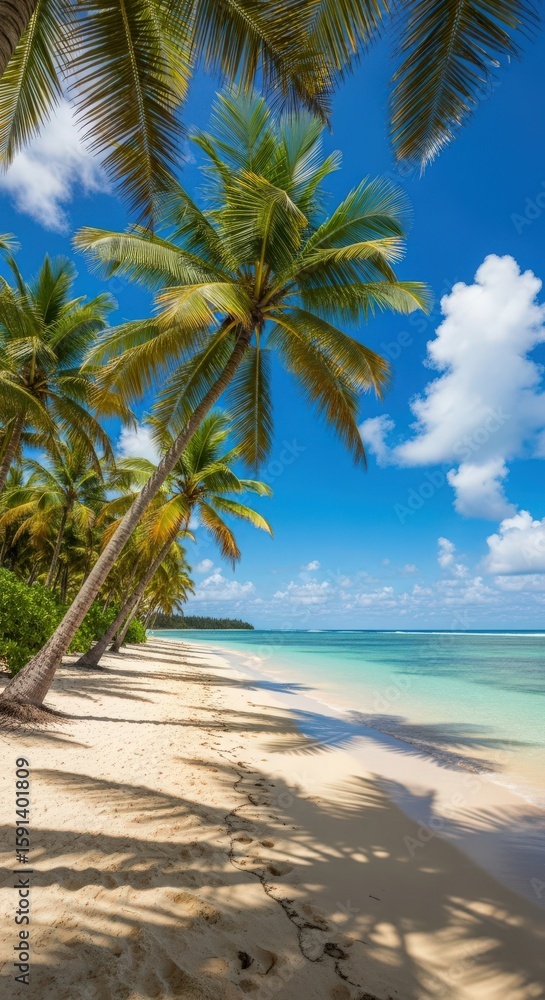 Obraz premium Tropical paradise beach with palm trees, turquoise ocean, and sunny sky perfect for a summer vacation, turquoise ocean, and sunny sky perfect for a summer vacation