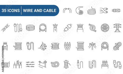 wires and cables set of web icons in line or outline style. Icons for web and mobile app. Outline icons collection. Editable Stroke. Vector illustration
