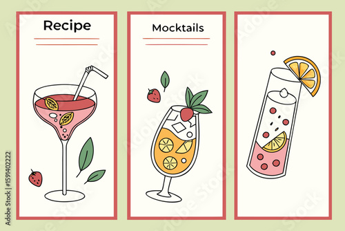 Three panels showing recipe and mocktail illustrations with fruits and drink ingredients displayed nicely