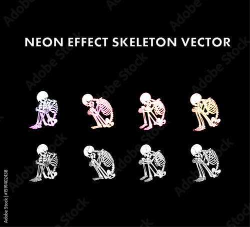Vibrant neon skeletons with glowing outline effect in vector art