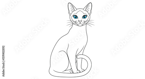 Siamese Cat Portrait: A regal Siamese cat with striking blue eyes, perked ears, and a slender form poses gracefully, its alert gaze capturing attention in a clean, artistic illustration.