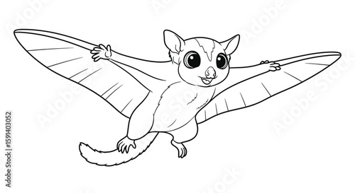 Sugar Glider's Flight: A sugar glider in flight, illustrated in a clean, linear style. Depicting a whimsical animal, captured mid-air with its unique gliding ability.