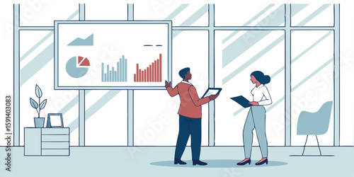 Business meeting with presentation  charts and graphs in a modern fice space setting shown here
