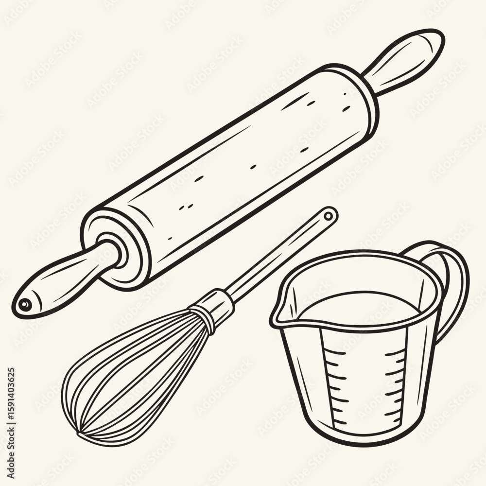 Obraz premium Illustration featuring a rolling pin, a whisk, and a measuring cup, all outlined in black on a light background