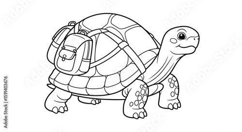 Journey Ready Turtle: An illustrated turtle cheerfully embarks on an adventure, carrying a backpack packed with essentials. The line art exudes a sense of travel. 