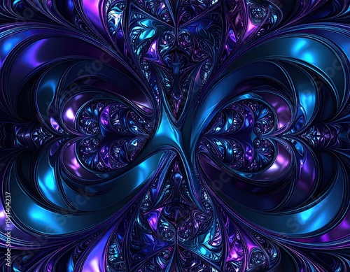Intricate, symmetrical fractal design in deep blues and purples