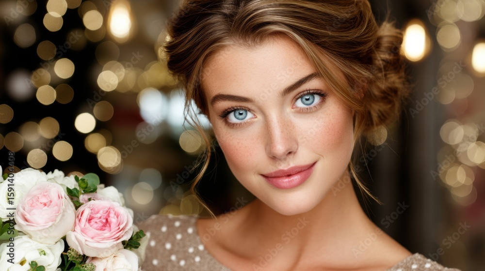 Fototapeta premium Close-up of a young woman with blue eyes and styled hair holding a bouquet of pink and white roses