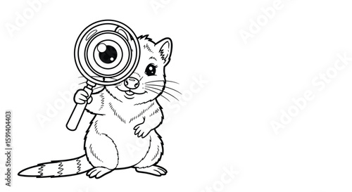 Curious Wildlife Inquiry: An adorable cartoon ferret, its inquisitive eyes magnified by a large lens, embodies the spirit of investigation.