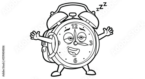 Alarm Clock in Dreamland: A whimsical illustration of an alarm clock, embodying sleepiness with closed eyes and a 'zzz' emanates from its face, is a visual metaphor for the snooze button.