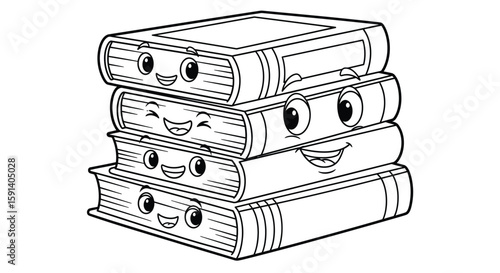 Smiling Stacks of Literary Treasure: A delightful monochrome depiction of a stack of charming storybooks, each adorned with a unique, smiling face.
