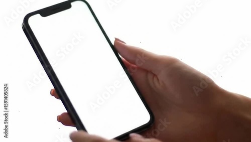 close-up shot of hand interact with white blank screen phone, isolated on white background