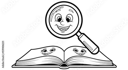Happy Magnifying Glass Reading Book: A cheerful magnifying glass peers over an open book filled with smiling faces.