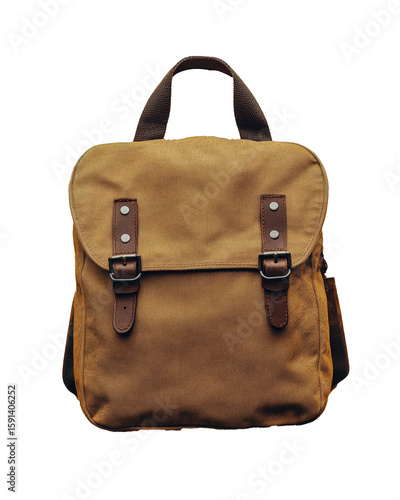 Brown canvas backpack with leather straps on display