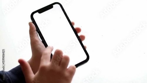 close-up shot of hand interact with white blank screen phone, isolated on white background