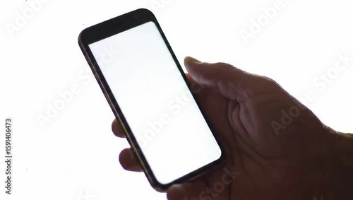 close-up shot of hand interact with white blank screen phone, isolated on white background