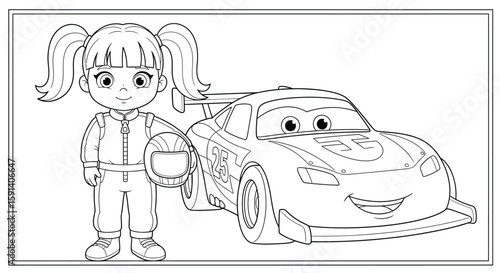 Girl and her Racing Car: A cute girl in racing outfit stands proudly beside her cartoon racing car, ready for an exciting race.