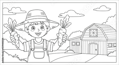 Young Farmer's Bounty: A cheerful young farmer joyfully presents a pair of freshly harvested carrots, standing proudly against the backdrop of a rustic barn and lush fields.