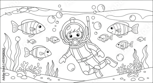Underwater Explorer's Adventure: An illustration depicts a young explorer venturing into the deep sea with a snorkel gear amidst playful marine life.