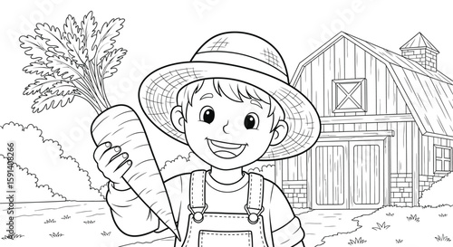 Happy Farmer with Giant Carrot: A joyful farmer, wearing a straw hat, proudly presents an oversized carrot in a captivating black and white illustration, a testament to the bountiful harvest.