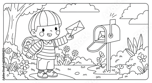 Happy Mail Delivery: A cheerful child with a backpack happily delivers a letter to a mailbox in a charming garden setting.  This adorable illustration is perfect for coloring pages, children's books.