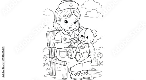 Kind Nurse and Toy: A caring nurse delicately tends to a stuffed toy, offering comfort and care in a heartwarming scene.
