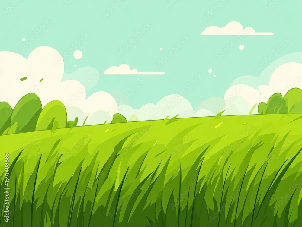 Obraz premium Bright Green Grassy Field Under Blue Sky with White Clouds