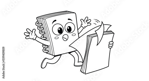 Running Notebook Character: A fun, cartoon notebook character with big eyes and spiral binding runs, carrying another notebook. The character is expressive and dynamic.