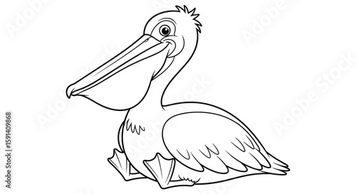 Pelican Outline Illustration: A detailed monochrome outline of a pelican, showcasing its distinctive features and elegant form. This artful illustration captures the unique character of the pelican.