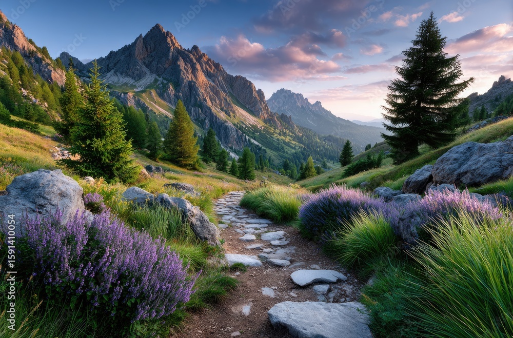 Fototapeta premium the Dolomites in Italy: a green, grassy field with flowers and a white path leading to the mountains, against a purple sky during the golden hour