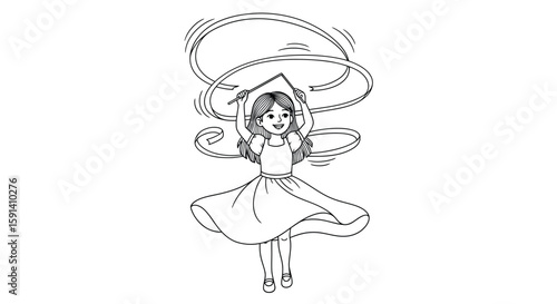 Graceful Ribbon Dancer: A charming illustration showcases a young girl joyfully twirling and dancing with flowing ribbons, expressing youthful energy and elegance.