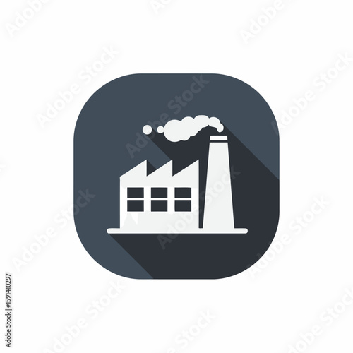 Illustration of a white factory building with a smoking chimney on a dark gray rounded square background.