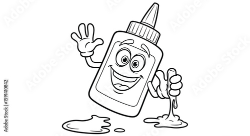 Friendly Glue Mascot Illustration: A cheerful animated glue bottle character waves with a friendly gesture, showcasing a fun, illustrative take on a commonly used crafting essential.