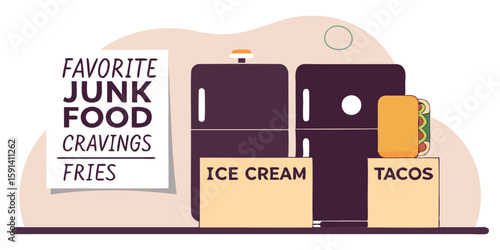 refrigerator with junk food cravings and ice cream and tacos notes attached