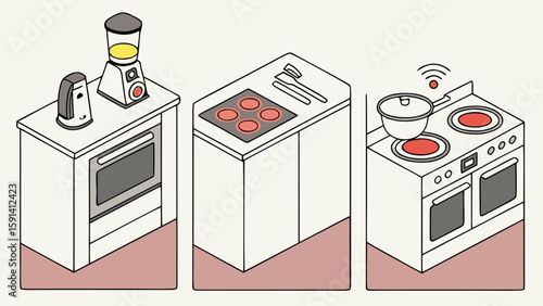 Isometric kitchen appliances showing a blender, stove top, and oven with a pot on the burner top