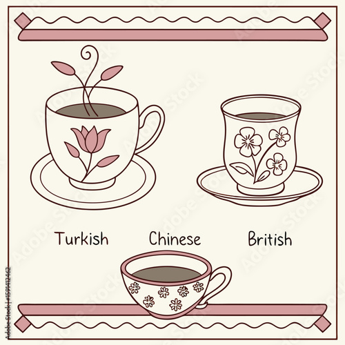 Three cups of tea representing turkish chinese and british tea styles with floral decorations and borders