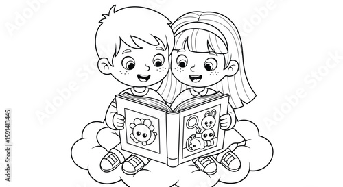 Reading Together: Charming illustration of two children sitting atop a cloud and immersed in a book, depicting the joy of reading and the bond of friendship. 