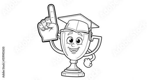 Happy Trophy Cartoon: Cheerful trophy cartoon character wearing a graduation cap and holding up a number one foam finger, symbolizing academic achievement and success. 