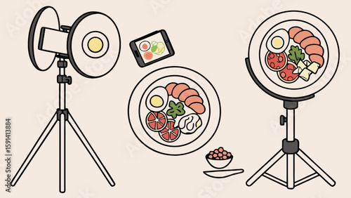 Illustration of food photography setup with ring lights, phone and food styling plates shown
