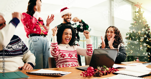 Obraz na plátně Happy, colleagues and applause in meeting, Christmas and excited for financial success in boardroom