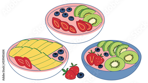 Illustration of three smoothie bowls with various fruits such as kiwi, mango, and berries on a white background